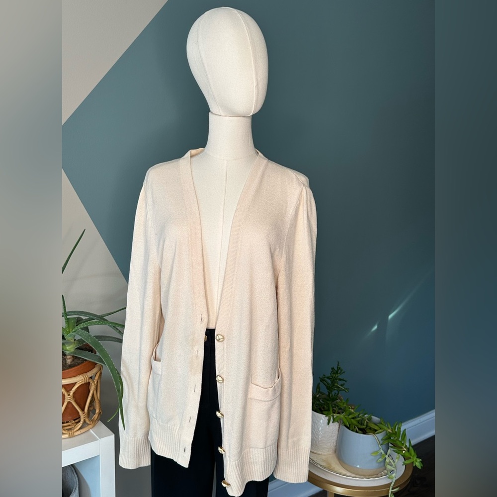 St. John Caviar Vintage Beige Knit Cardigan Gold Floral Buttons Classic Luxury M - Picture 3 of 12